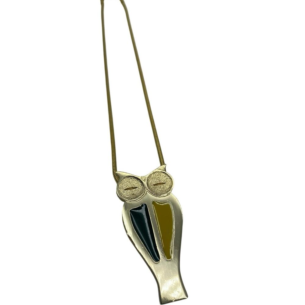 Vintage Gold tone Owl Pendant Necklace‎ Green Yellow Enamel Necklace boho 70s
